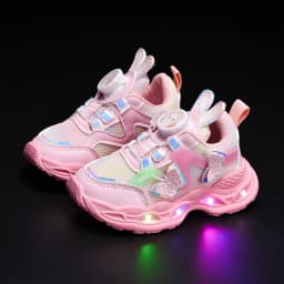 2026 Kids Casual Butterfly Decor Shoes Girls Led Light Cartoon PU Leather Fashion Sport Flat Bottom Shoes Breathable Purple Pink