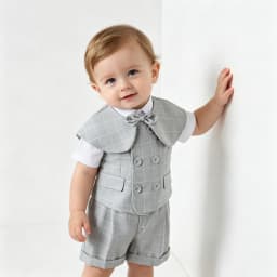 Gray Plaid Toddler Boy Gentleman Suit White Shirt Summer Thin Linen Vest Shorts Bow Tie Kids Wedding Baptism Formal Costume Set