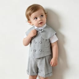 Gray Plaid Toddler Boy Gentleman Suit White Shirt Summer Thin Linen Vest Shorts Bow Tie Kids Wedding Baptism Formal Costume Set