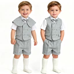 Gray Plaid Toddler Boy Gentleman Suit White Shirt Summer Thin Linen Vest Shorts Bow Tie Kids Wedding Baptism Formal Costume Set
