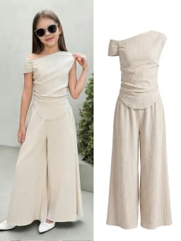 Kids Girls 2-Piece Summer Outfit Set, Beige Textured Fabric Asymmetric Off Shoulder Ruched Crop Top & Elastic High Waist Wide Le