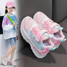 Girls Sports Shoes Kids Running Shoes Pink Breathable Air Mesh Heart Sweet Sneakers Cute Hook & Loop Children's Casual Shoes