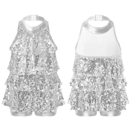Kids Girls Shiny Jazz Dance Costume Halter Sequin Bodysuit Dress Metallic Flared Pants 70s Disco Latin Performance Dancewear