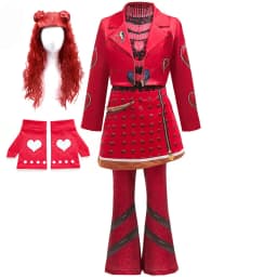 2026 New Movie Cosplay Outfit Girls Red Heart Printed 4Pcs Dress Set Jacket+Top+Skirt+Pants Halloween Costume Descendant Cosplay