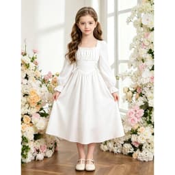 2025 Autumn New Princess Dress Solid Color White Square Collar Ruffled Long Sleeve A-Line Dress For Girls 8-12 Years Party Set
