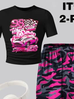 Kids Girls 2 Piece Racing Print Crop Tee & Pink Camo Jogger Pants Set Y2K Streetwear Casual Outfit