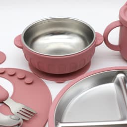 Silicone Stainless Steel Tableware 7-Piece Set, Bib, Plate, Bowl, Stainless Steel Spoon, Fork, Multifunctional Water Cup Set