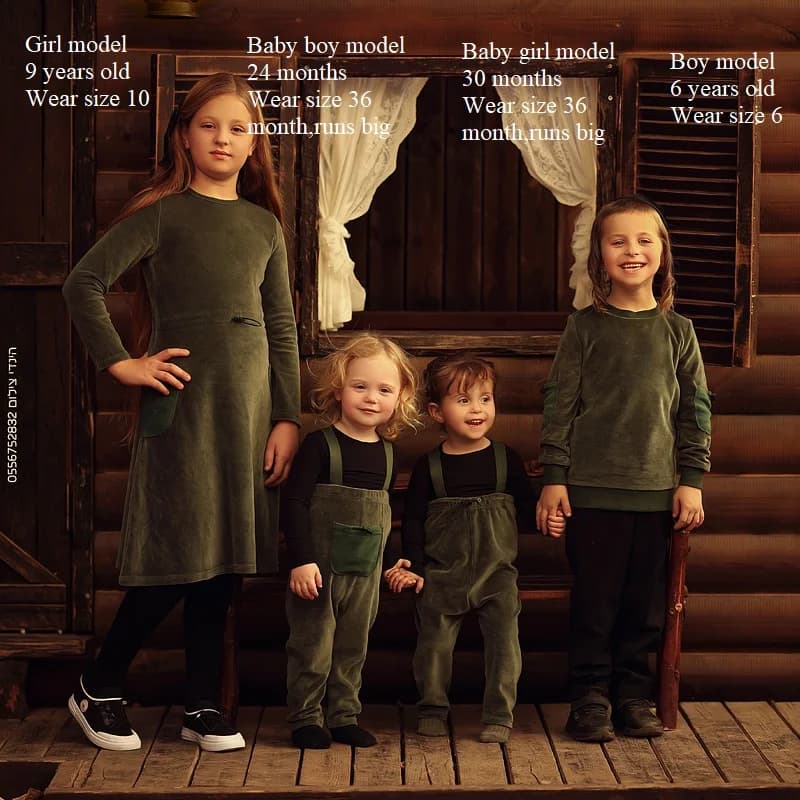 Velour Set with Polar Fleece Pocket Family Clothing Dress Top and Romper Overall Suspender Children Green Elegant Bust Shrink