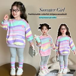 Baby Girls Rainbow Striped Spring Autumn Sport Causal Clothing Sets Children Kids Hoody T Shirt Pants Clothes for 2 to 8 years