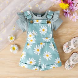 2pcs Cross-border Summer New Girl Sweet and Cute 1-7 Years Old Top Short-Sleeved Shirt + Printed Bib Pants