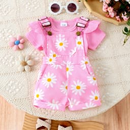 2pcs Cross-border Summer New Girl Sweet and Cute 1-7 Years Old Top Short-Sleeved Shirt + Printed Bib Pants