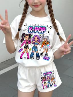 Kpop Cartoon Graphic Girls T-Shirt and Pants Set Girls' Summer Clothing Cute Short Sleeve Set Children's T-Shirt and Shorts Set