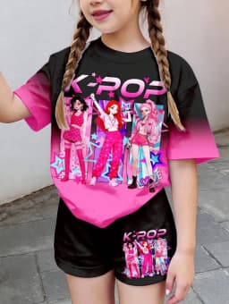 Kpop Cartoon Graphic Girls T-Shirt and Pants Set Girls' Summer Clothing Cute Short Sleeve Set Children's T-Shirt and Shorts Set