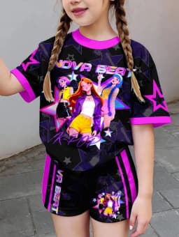Kpop Cartoon Graphic Girls T-Shirt and Pants Set Girls' Summer Clothing Cute Short Sleeve Set Children's T-Shirt and Shorts Set