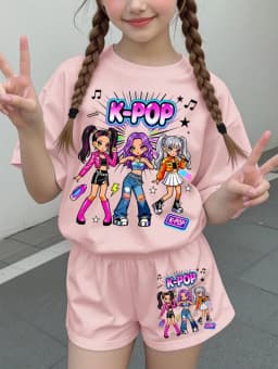 Kpop Cartoon Graphic Girls T-Shirt and Pants Set Girls' Summer Clothing Cute Short Sleeve Set Children's T-Shirt and Shorts Set