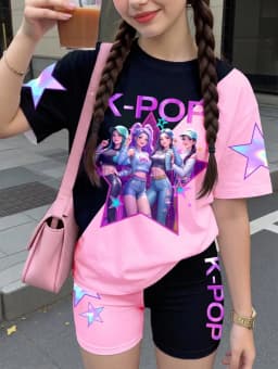 Kpop Cartoon Graphic Girls T-Shirt and Pants Set Girls' Summer Clothing Cute Short Sleeve Set Children's T-Shirt and Shorts Set