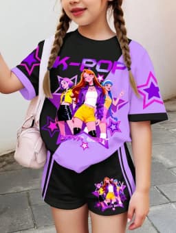 Kpop Cartoon Graphic Girls T-Shirt and Pants Set Girls' Summer Clothing Cute Short Sleeve Set Children's T-Shirt and Shorts Set