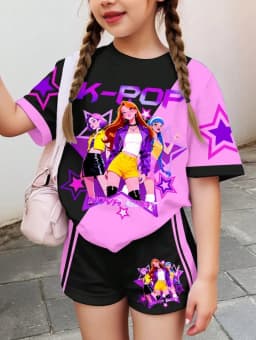 Kpop Cartoon Graphic Girls T-Shirt and Pants Set Girls' Summer Clothing Cute Short Sleeve Set Children's T-Shirt and Shorts Set