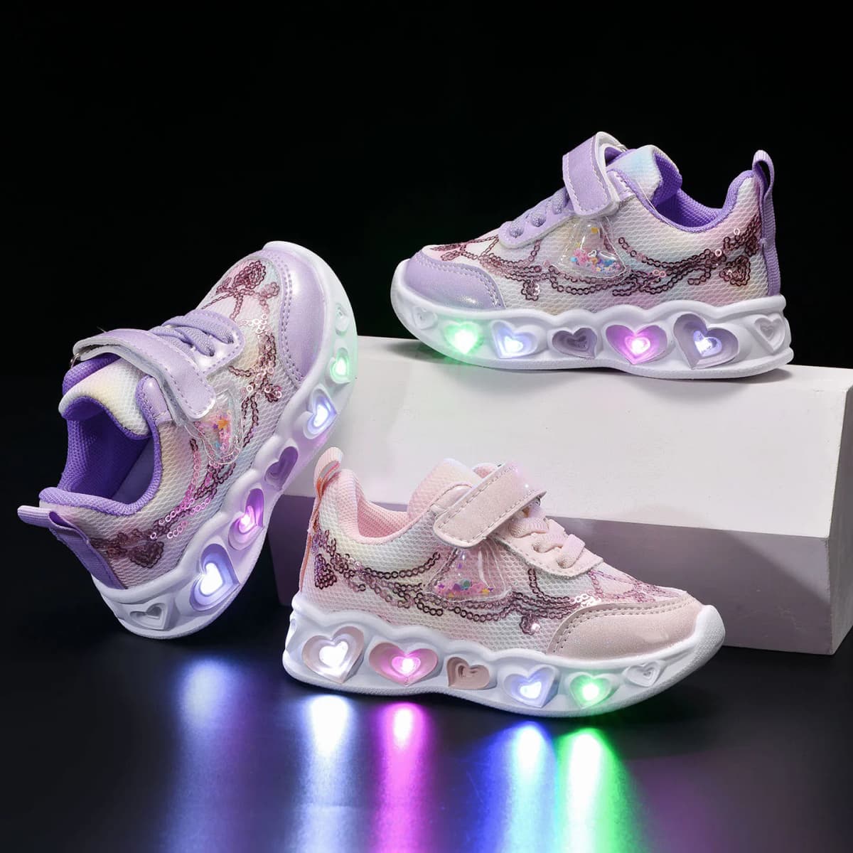 New LED Children Cute Cartoon Sequin Casual Sneaker for Children Shoes Girl Mesh Breathable Lighting Shoes Baby Illuminated Shoe