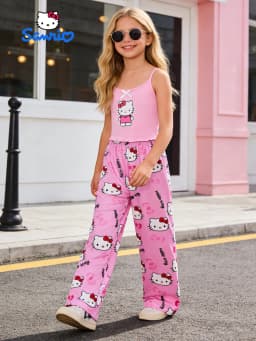 Sanrio Summer Girls' Pants Set, Hello Kitty Outdoor Casual Tank Top Wide Leg Pants, Suitable for Outing and Home Wearing,