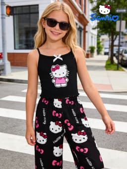 Sanrio Summer Girls' Pants Set, Hello Kitty Outdoor Casual Tank Top Wide Leg Pants, Suitable for Outing and Home Wearing,