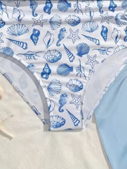 Girls' Swimwear with Shell, Seahorse, and Starfish Elements, Full-Printed One-Piece Swimsuit, Soft and Comfortable Fabric, Light Blue with Full Print, Suitable for 8-12 Year Old Children for Beach Vacations