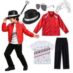 Boys Moonwalk Red Jacket Costume Set Piano Print T Shirt Black Pants For Kids Stage Show Halloween Singer Cosplay Outfit