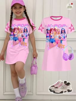 Kpop Cartoon Graphic Dress for Girls Funny Gift for Fan Harajuku Girl Kid's Dress Summer Short Sleeve Dress Children's Clothing