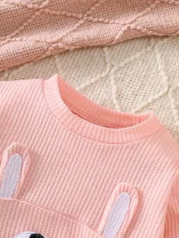 Cute Rabbit Embroidery for Infants and Toddlers, Waffle Sweatshirt, Striped Jogger Pants, Two-Piece Set, Knee Pads, Elastic Waist, Soft and Warm