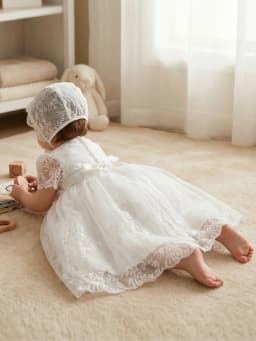 Baby Girl 1 Years Old White Dress with Embroidered Lace Trim Cute Flower Girl Princess Dress for Party, Banquet, Wedding,Outings