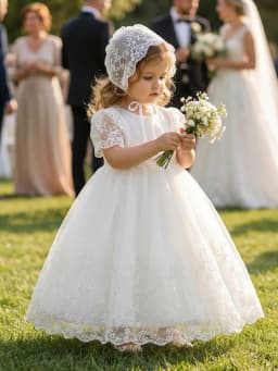 Baby Girl 1 Years Old White Dress with Embroidered Lace Trim Cute Flower Girl Princess Dress for Party, Banquet, Wedding,Outings