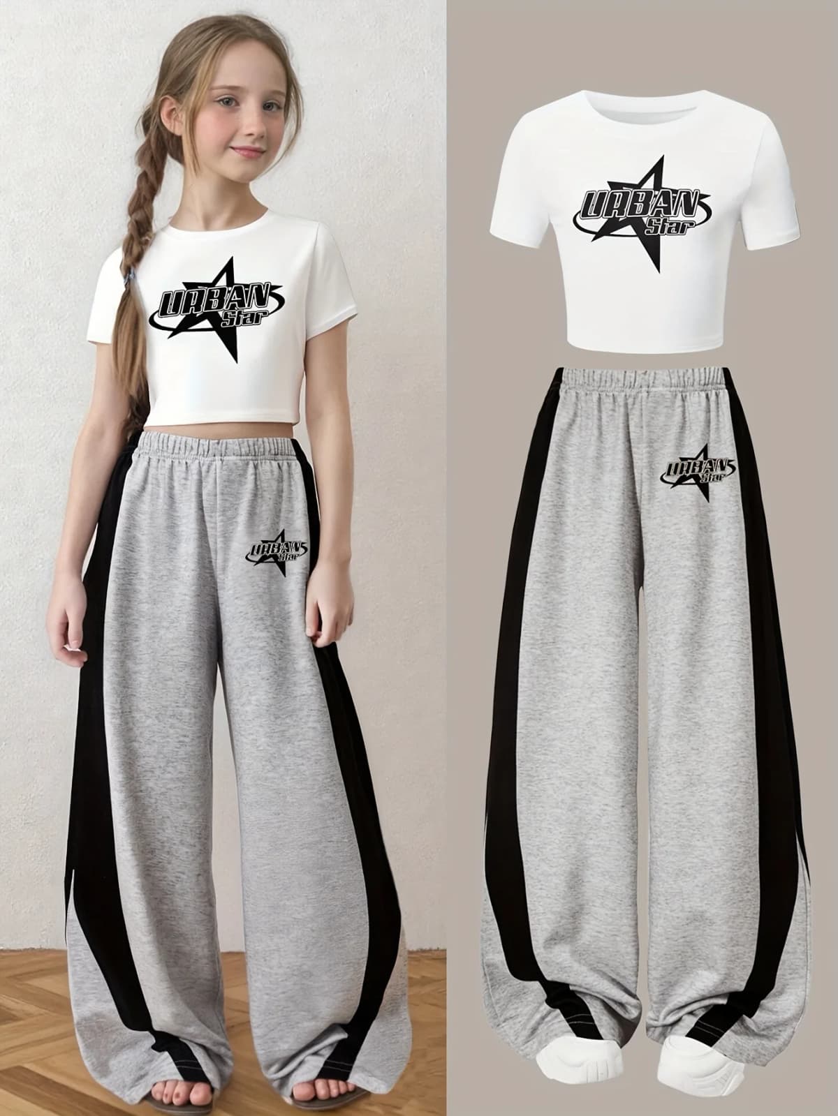 Kids Girls 2 Piece "URBAN STAR" Print Crop T-Shirt & Color Block Wide Leg Sweatpants Set Casual Streetwear Outfit