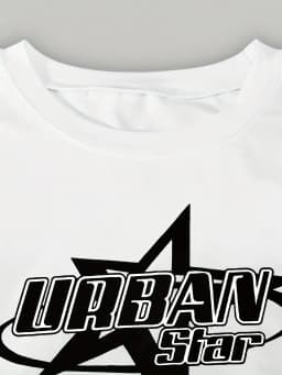 Kids Girls 2 Piece "URBAN STAR" Print Crop T-Shirt & Color Block Wide Leg Sweatpants Set Casual Streetwear Outfit