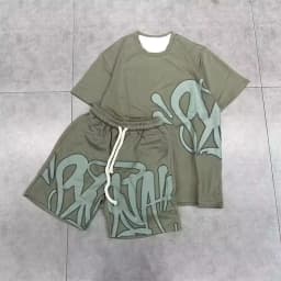 2026 Summer New Style Unisex Abstract Graffiti Graphic 2 Piece Tracksuit Black Tee and Elastic Waist Shorts for Kids Streetwear