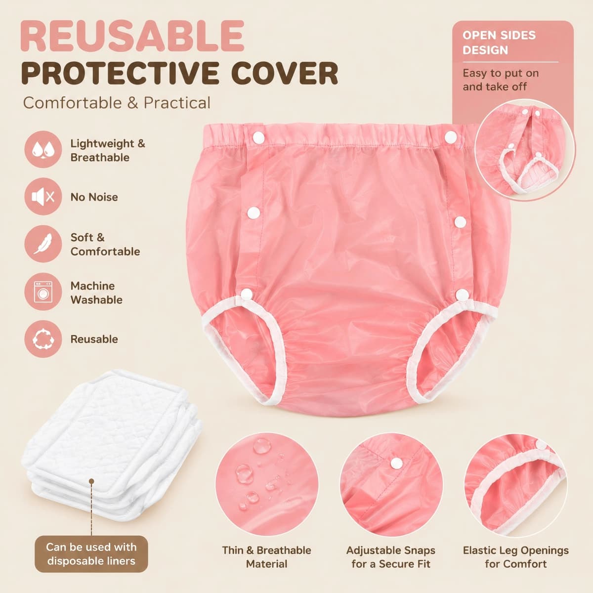 1 Piece Washable Reusable Adult Cloth Pants Pink & Transparent Soft Breathable Comfortable Lightweight Cost Saving Machine Wash