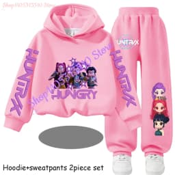 Hot Children's Hooded Sweater Set Huntrx Mira Rumi Zoey Girl Cute Casual Top for Kids Sports Shirt with Cartoon Print 2 Pieces