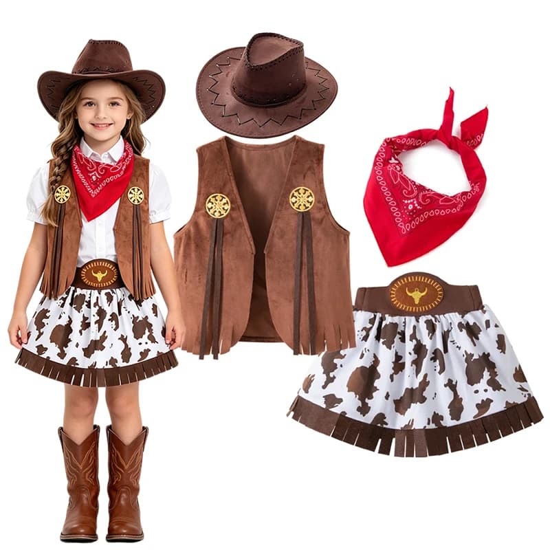 Little Girls Western Cowgirl Dress‑Up Outfit Fringe Cow Print Skirt Kids Costume Set for Carnival Theme Party