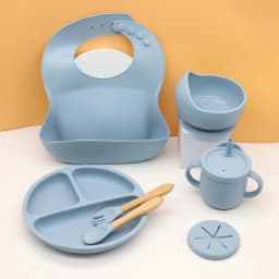 7pcs Baby Silicone Tableware Set, Bib, Dining Plate, Bowl with Suction Cup, 2-in-1 Water Cup, Snack Cup, Wooden Spoon and Fork
