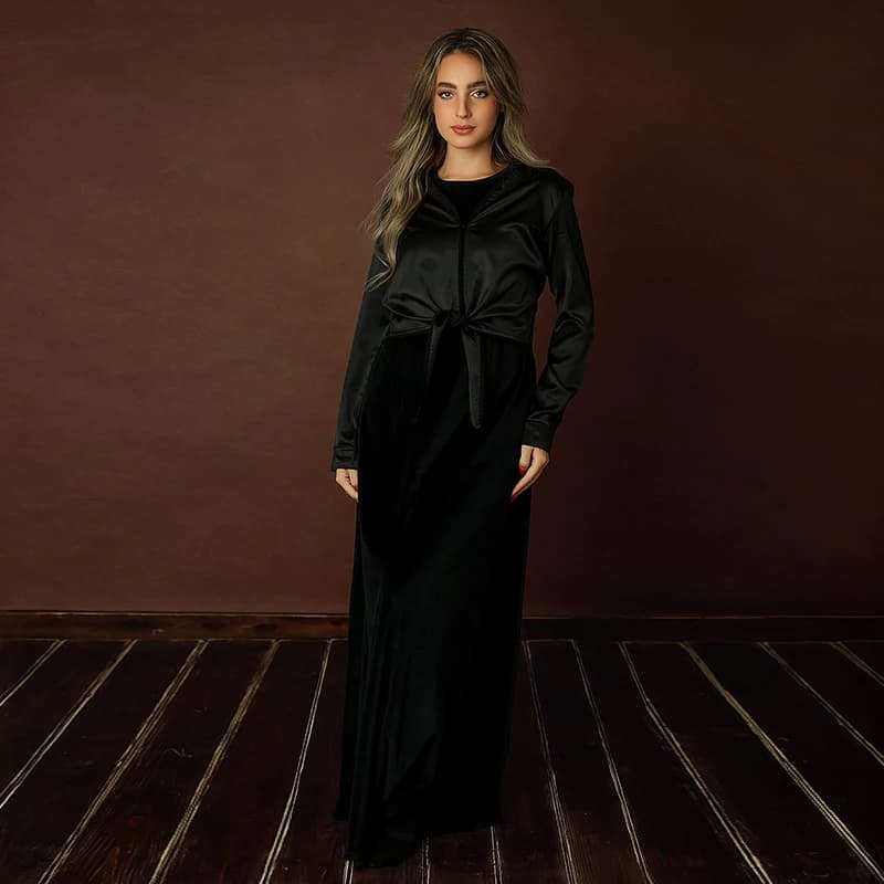 Elegant Maxi Women 3 Pieces Dress for Women and Girls Velour and Satin Top Black Sleeveless Dress for Lady Clothes XS-XXXL