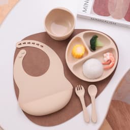 Color Kids 5PCS Silicone Baby Feeding Set Suction Dishes Plate BPA Free Sucker Bowl Bib Spoon Fork Training Tableware Gift Set