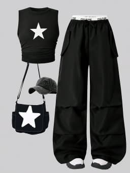 2-Piece Star Print Crop Top & Cargo Pants Set Girls Summer Casual Y2K Streetwear Outfit