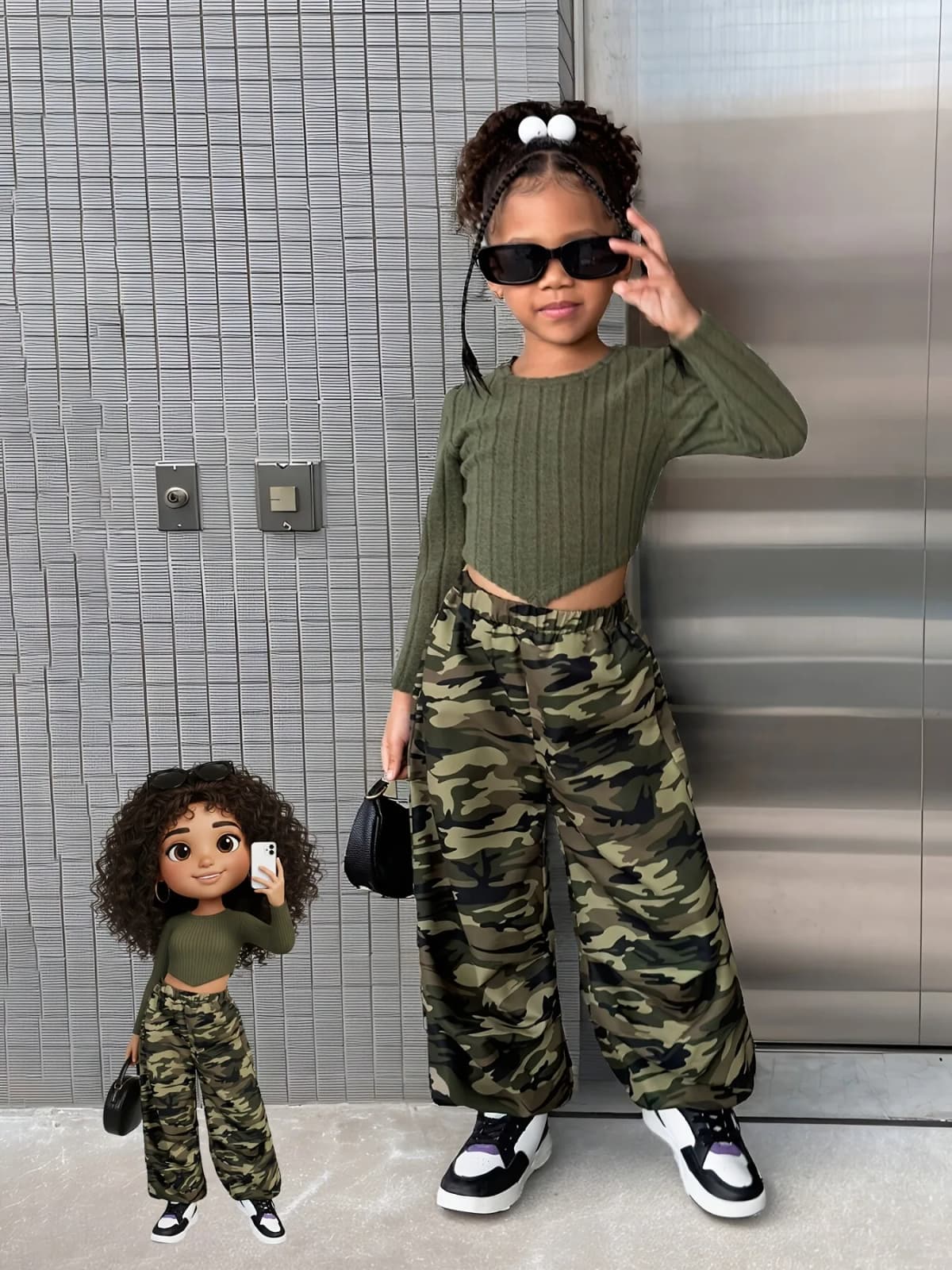 Trendy Girls 2Pcs Co-Ord, Olive Ribbed Long Sleeve Crop Top & Camouflage Wide Leg Trousers for Daily Street Style