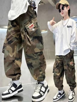 Boys' overalls, camouflage pattern, digital printing, multi-pocket practical pants, large children's size 7-14 years old.