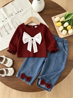 Baby Girl Spring-Autumn Set - Bow-Front Long-Sleeved Top Paired with Soft Bow-Patterned Denim Long Pants as a Two-Piece Set
