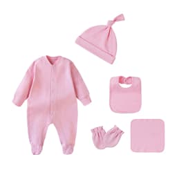 100% Cotton Newborn Baby Sets Hospital Baby Girl Clothes Set Pink Long Sleeve Footed Romper+Hat+Drool Bib+Glove Outfits Gift Box