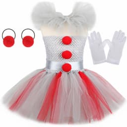 Girls Spooky Clown Tutu Dress Set Silver Mesh Bodice Red Pom‑Pom Decor Tulle Collar Hair Hoops Kids Halloween Cosplay Outfit
