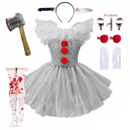 Kids Girls Creepy Clown Fancy Costume Gray Tulle Tutu Dress Cosplay Outfit for Halloween Carnival of The Dead Stage Party Wear