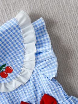 Summer Baby Girls 2Pcs Set 9-12M Blue Gingham Cherry Embroidered Ruffle Top & Bloomers Infant Casual Daily Wear