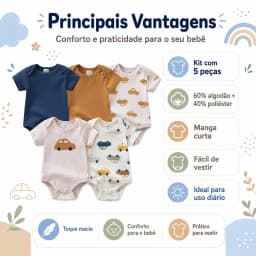 Kit 5 Bodysuits Baby Boy Short Sleeve 60% Cotton 40% Polyester 3m 6m 9m Infant Clothing