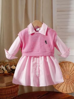 Two-piece baby girl embroidered vest and striped long-sleeved shirt dress for daily casual wear, versatile for spring and summer